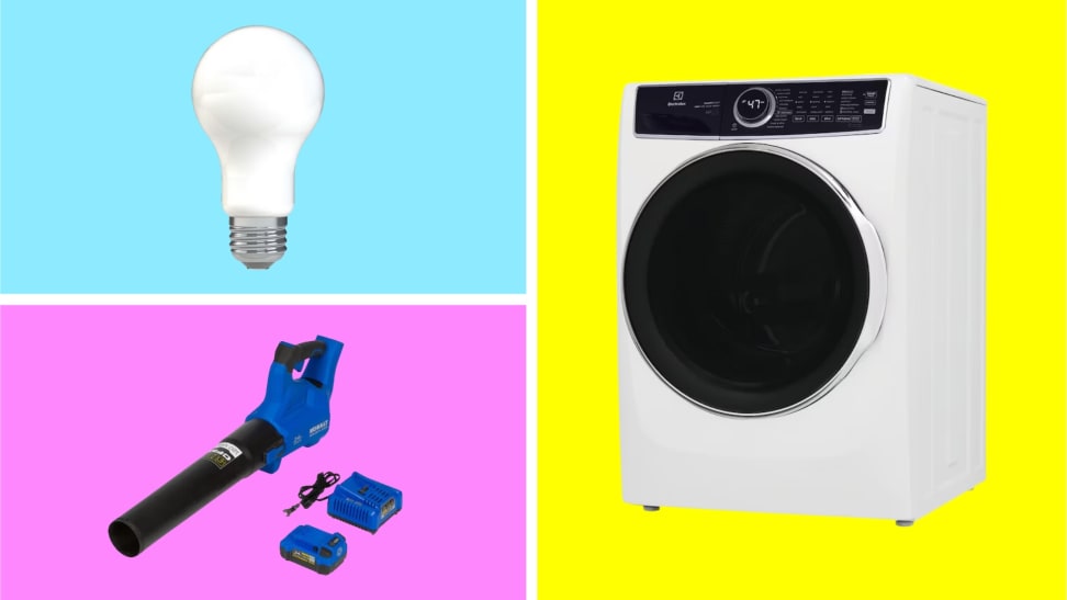 A collection of Lowe's items on sale in front of colored backgrounds.