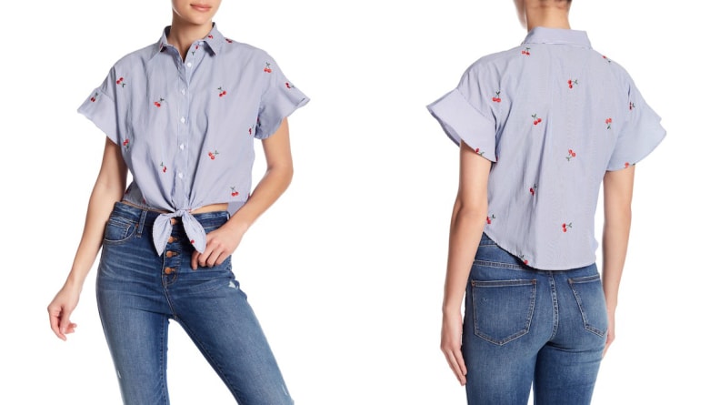 Love, Fire Front Tie Ruffle Sleeve Pinstripe Blouse