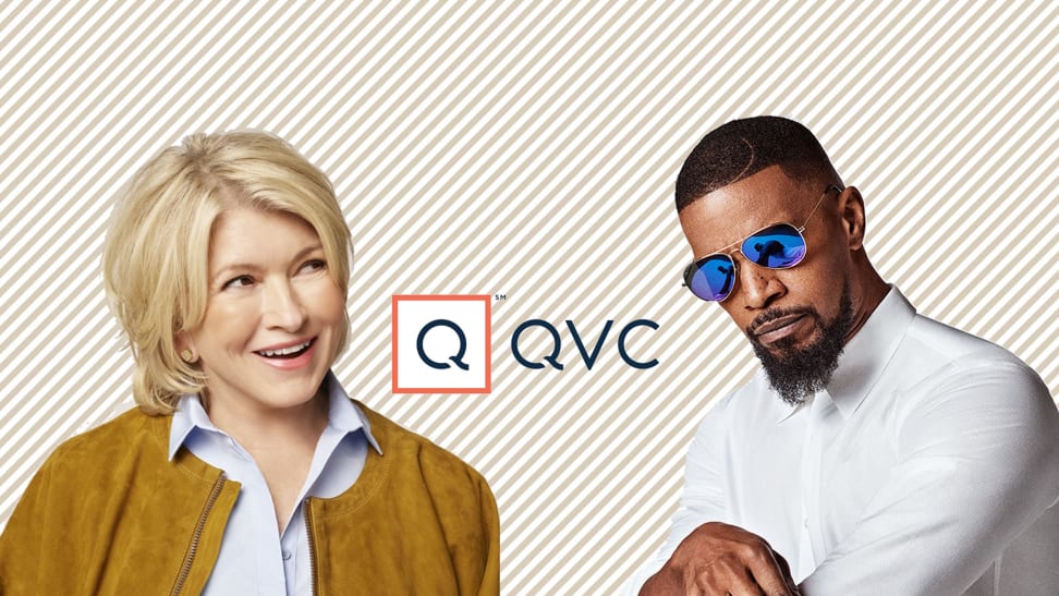 Martha stewart and Jamie Foxx on striped background with QVC Logo