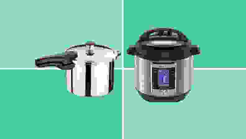 Traditional pressure cooker and Instant Pot sitting on a green checkered background.