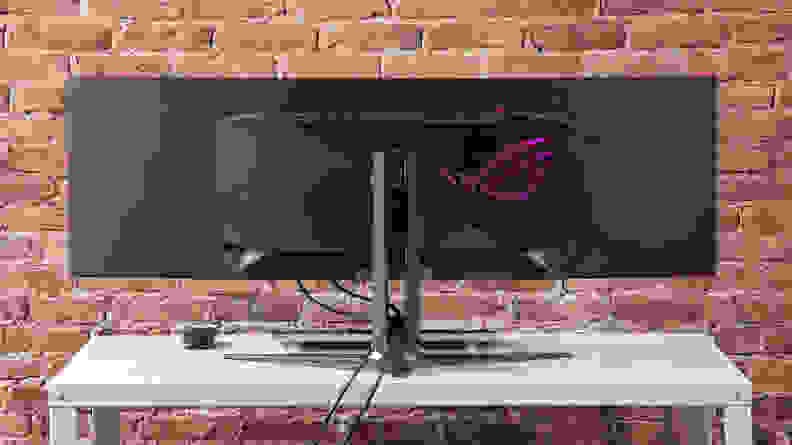 Looking at the back of a super ultrawide gaming monitor