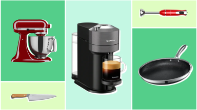 A selection of the best kitchen gifts including a Hedley & Bennett Chef's Knife, a Nespresso coffee maker, HexClad pan, and a Galanz Immersion Blender on a green background.