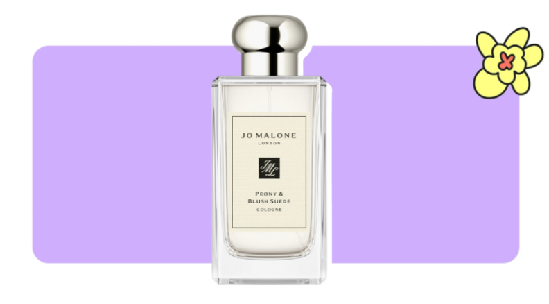 A bottle of Jo Malone Peony & Blush Cologne in front of purple background with a yellow cartoon flower in the corner.