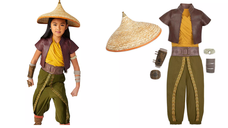 A child wearing a Raya costume next to individual pieces of the costume set