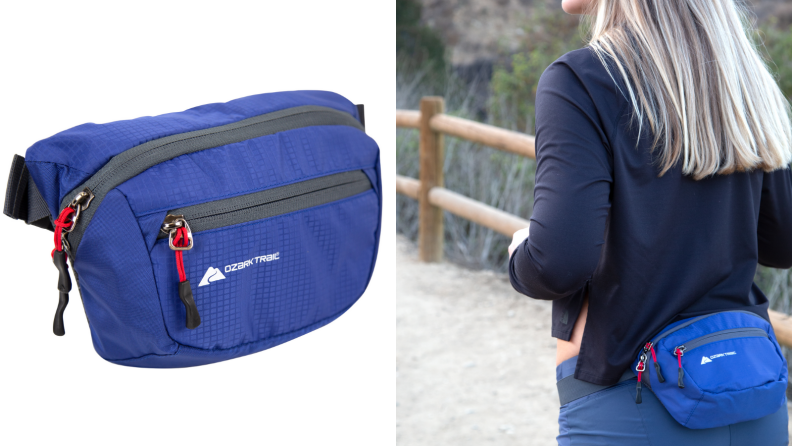 Blue hip pack next to image of a girl wearing the hip pack