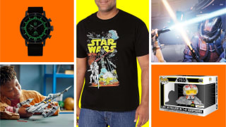 A collage of Star Wars-themed items in front of colored backgrounds.