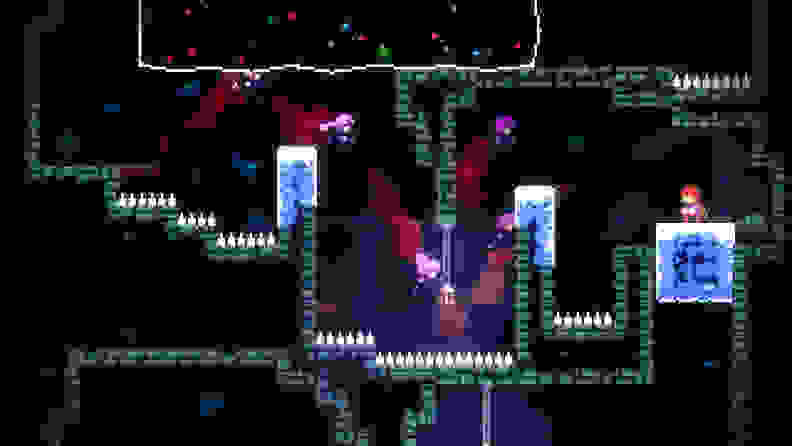 A girl jumps through icy platforms in a pixelated world.