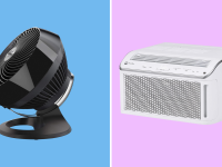 A Vornado fan and GE air conditioner against a blue and purple background
