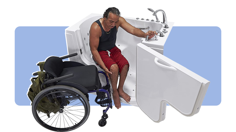 A man exiting an Ella's Bubbles walk-in tub with a wheelchair next to him