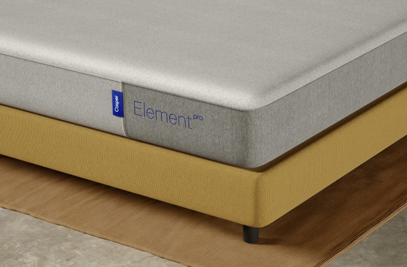 Close-up shot of the Casper Element Pro logo on the corner of the mattress.