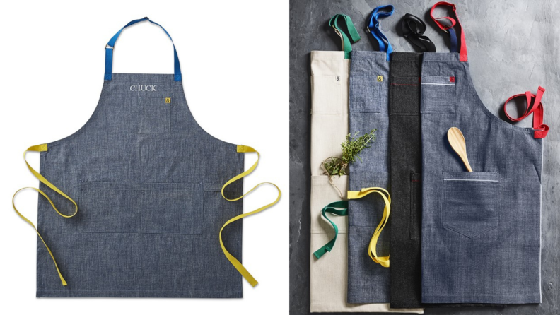 Left: apron on white backdrop, right: multiple folded aprons stack together