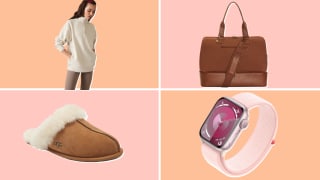 A selection of the best gifts for women including Ugg slippers and an Apple watch on a pink background.