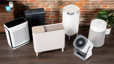 A group of air purifiers including the Winix 5500-2, Blueair DustMagnet 5410i, Blueair Blue Pure 311i Max and more sit in the Reviewed labs.