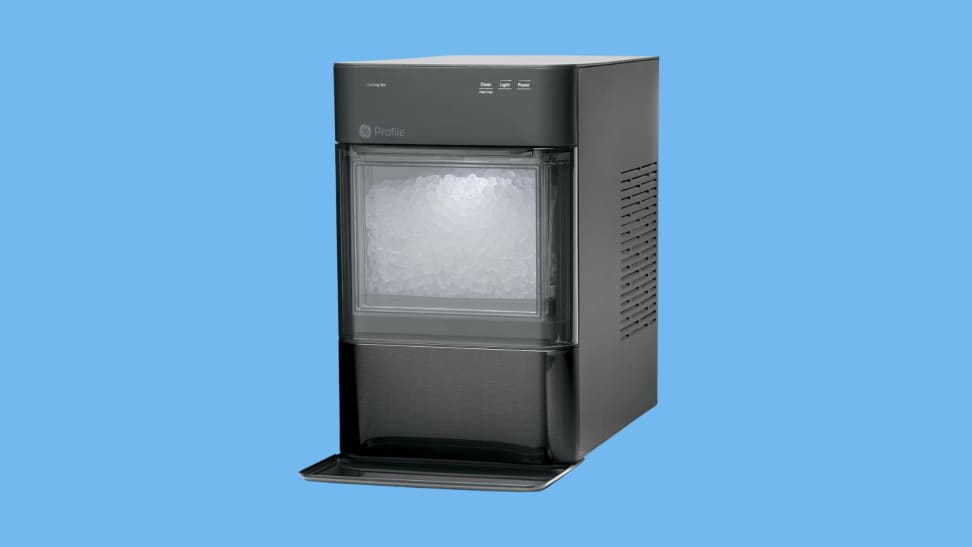 The GE Profile Opal 2.0 ice maker on a blue background.