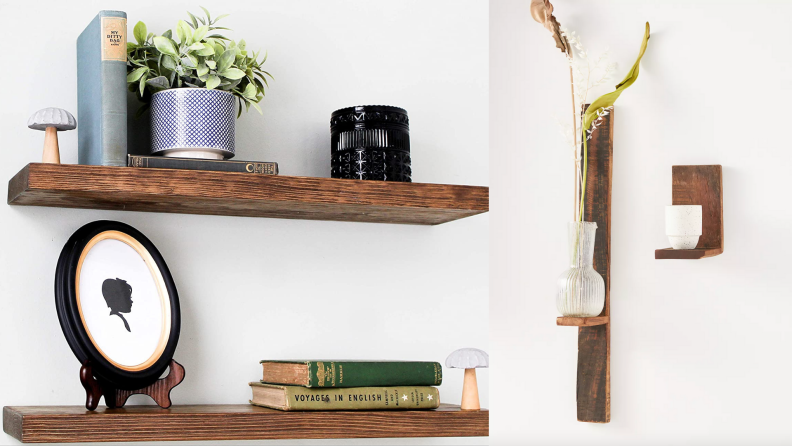 On left, two wooden shelves mounted on wall with framed picture, books and plant. On right, two different sized shelved from Anthropologie. On of them is holding a plant.