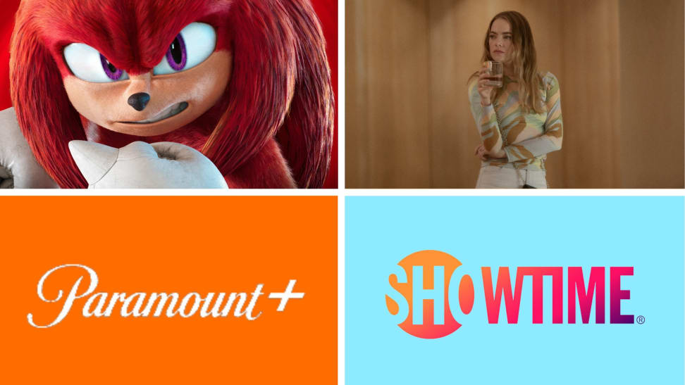 The logos for Paramount+ and Showtime near images from the shows "Knuckles" and "The Curse."