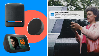 Left: Collage of Amazon smart products. Right: A woman checking a message on her phone from Alexa.