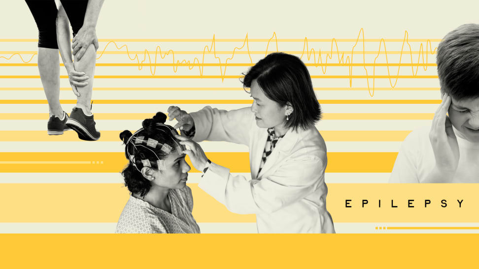 An epilepsy illustration showing a female physician sticking wires to a female patient's head. There is also a child squinting their eyes and holding their head and a person grabbing the back of their leg.