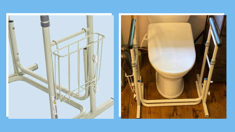 Side-by-side shot of the product and a toilet with the product attached.