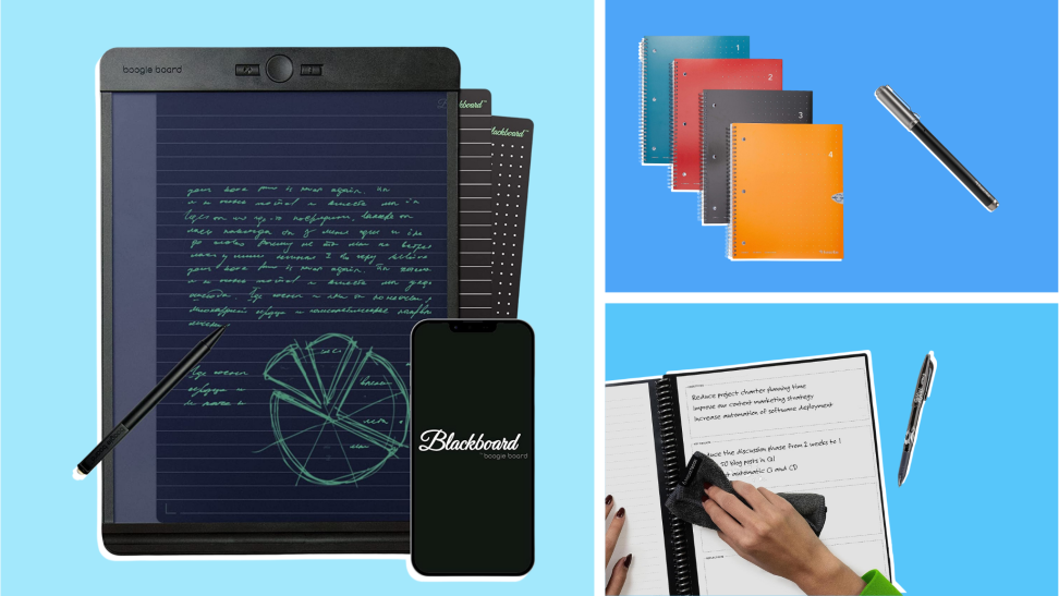 The Boogie board tablet, Rocketbook, and Symphony pen on a three panel image