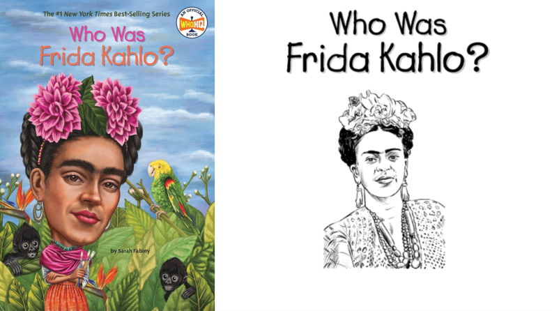 Children's book about Frida Kahlo with cartoon drawing of her.