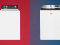 Speed Queen and Maytag top-load washers side by side on colored background