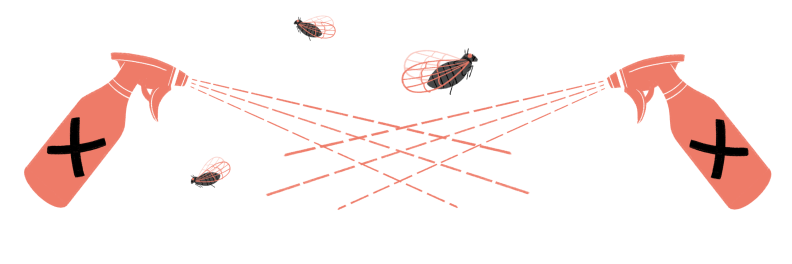 An illustration of two red spray bottles with black X's, spraying cicadas.
