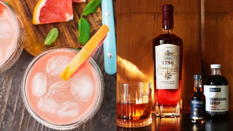 Left: Overhead photo of a cocktail garnished with a grapefruit wedge. Right: A large bottle of liqueur with a bottle of biters and a bottle of simple syrup.