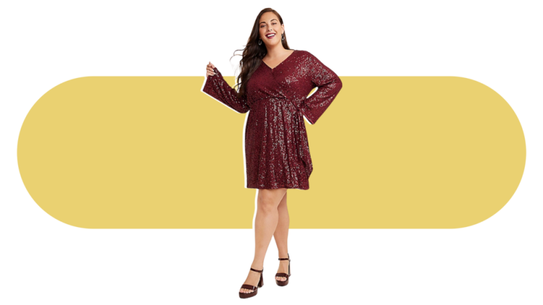 A model wearing a dark red sequined knee-length dress with long sleeves.