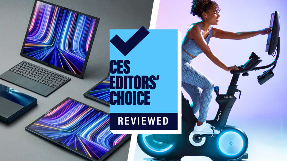 A collage of laptops and a woman on an exercise bike, with the Reviewed CES Editors' Choice badge