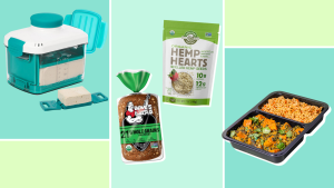 Photo collage of a tofu press machine, a loaf of bread, a bag of hemp hearts and a pre-packaged meal inside of a black container.