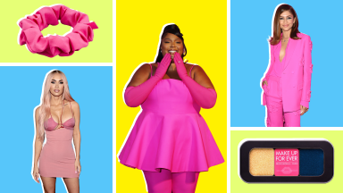 Superstars Megan Fox, Lizzo and Zendaya all dressed in the color hot pink alongside tri-color eyeshadow palette and hot pink scrunchie to represent the Barbiecore trend.