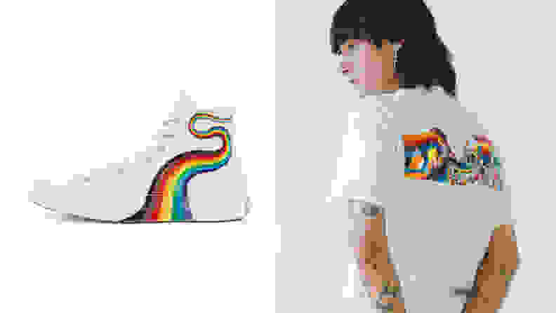 A pair of Converse high-tops with a rainbow on them and a human in a Converse Pride top.