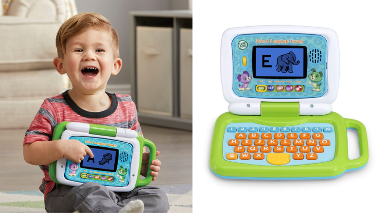 A toddler holds the LeapFrog Touch Pad