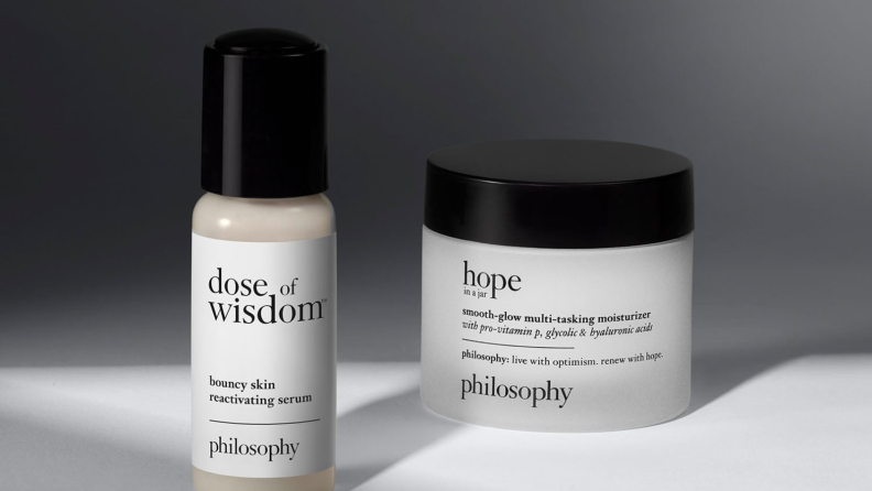 An image of philosophy's dose of wisdom serum and hope in a jar moisturizer side by side.