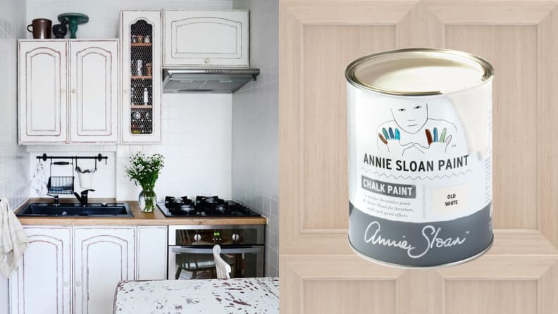 Left: A charmy, tiny painted in distressed white; Right: A can of Annie Sloan Chalk Paint on a wood background