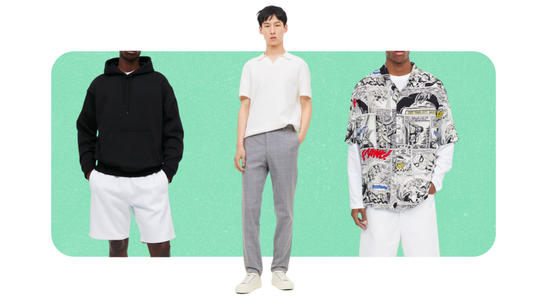 A hoodie, a graphic print shirt, and gray pants.