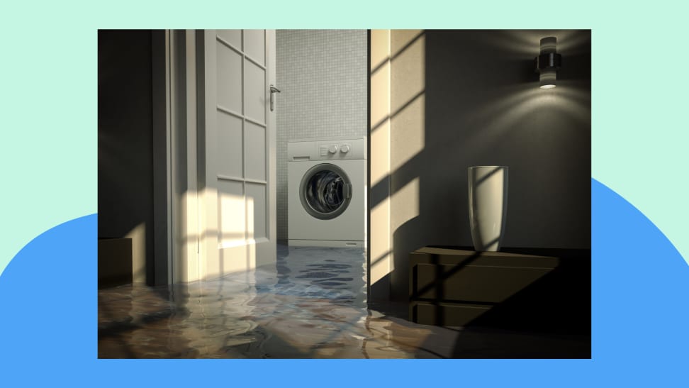 A basement with a washing machine that is flooded with water. The photo is set against a blue background.