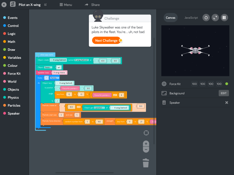 In this Kano program challenge, the challenge is to use the control sensor unit to make the X-wing move across a star-streaked area of space.