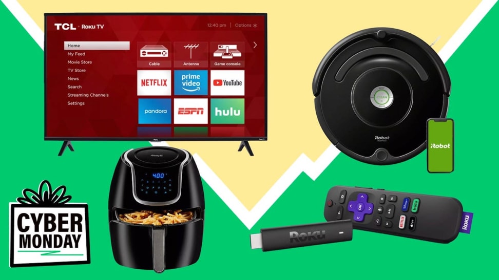 A collage of products that can be bought at Target:a TV, an air fryer, a robot vacuum, and streaming remote