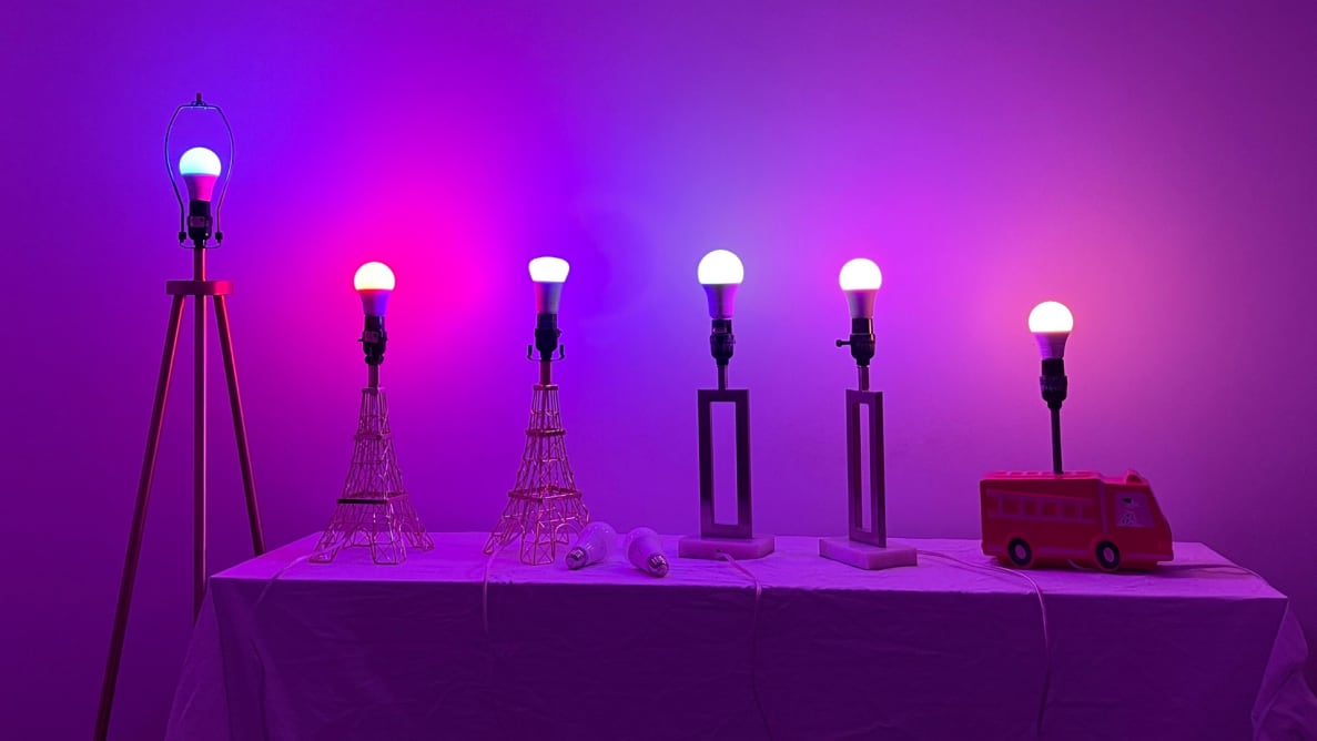 LED智能灯泡排列在紫色和粉红色的墙上。