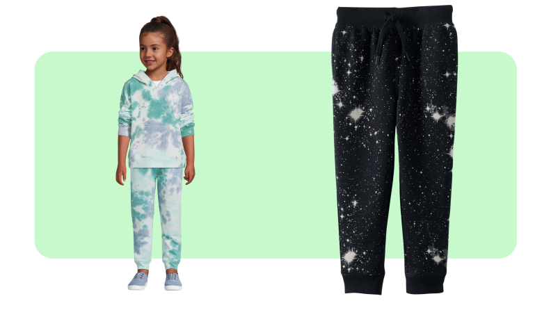 A child in tie-die sweatpants and a pair of supernova sweatpants in black.