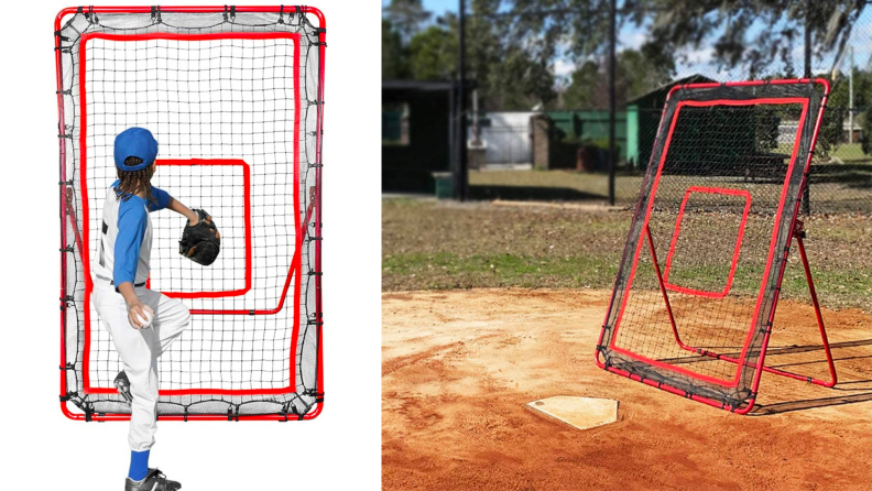 A child throws a baseball into a net.