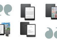 Four Kindles on a white background with large aqua quotation marks