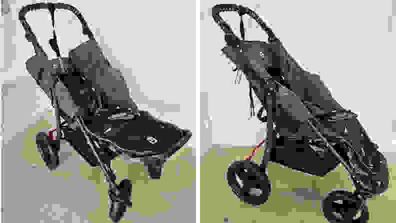 Side-by-side of images of an empty Special Tomato EIO Push Chair.