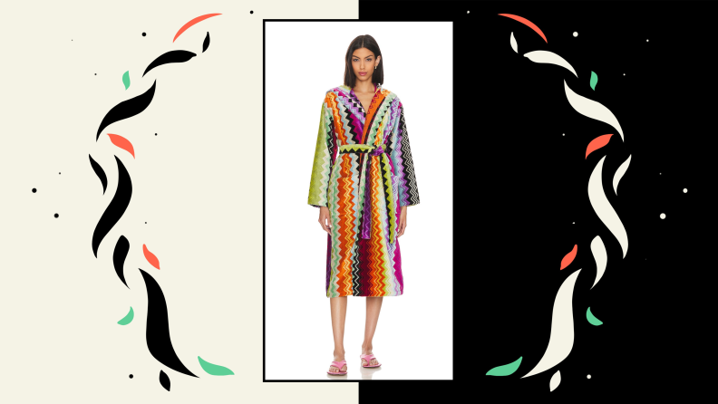A model wearing a brightly-colored printed bathrobe.