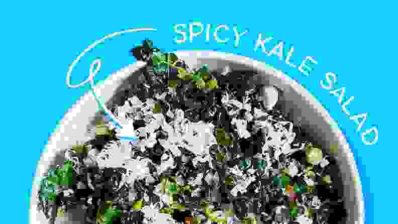 An illustration of chopped kale, sliced jalapeños, and chopped scallions in a metal mixing bowl.