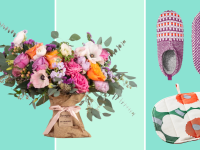 Bouquet of Farmgirl Flowers in burlap bag, pink Bombas Gripper Slippers and flower Marimekko Pieni Unikko Pot Holder