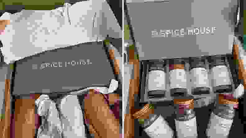 On left, the Spice House box in its packaging. On right, the box lid open, showing the seven jars of spices we tested.