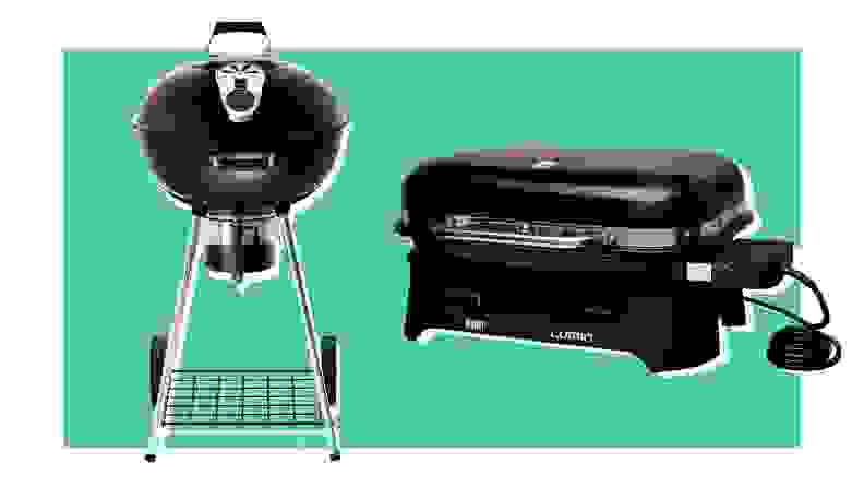 Two black grills side-by-side on a green background.